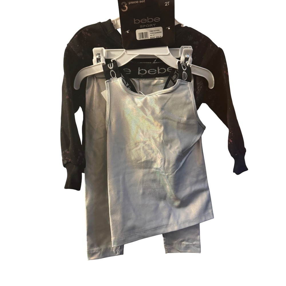 Bebe Sport Kids 2T Black Iridescent 3 Piece Set Sweatshirt Tank Leggings - Picture 4 of 7